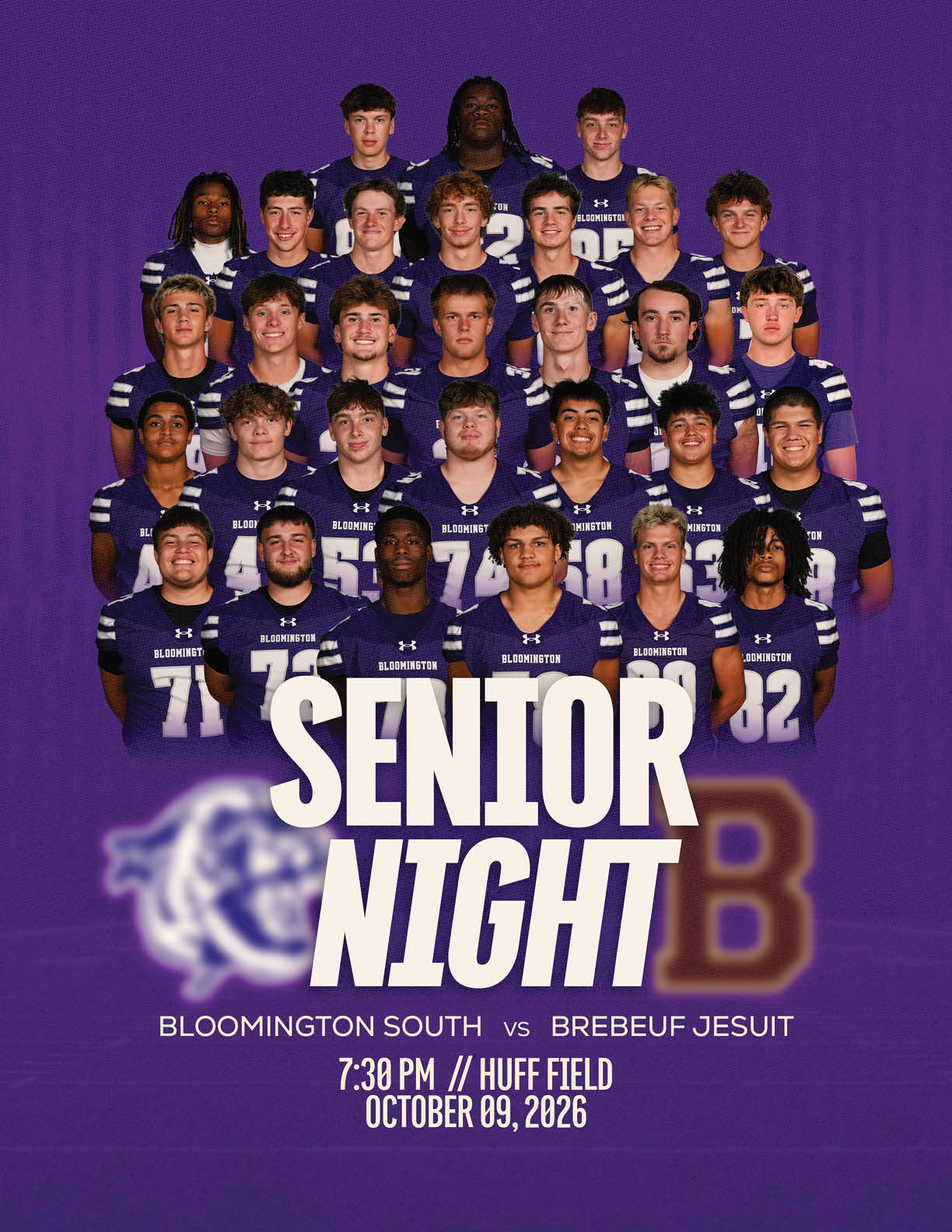 A group of people wearing matching sports uniforms pose together on a purple background with text announcing a senior night event between Bloomington South and Brebeuf Jesuit at 7:30 PM at Huff Field. Description generated by AI