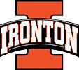 A bold orange letter I with the word IRONTON in large white block letters outlined in black and orange across the center. Description generated by AI