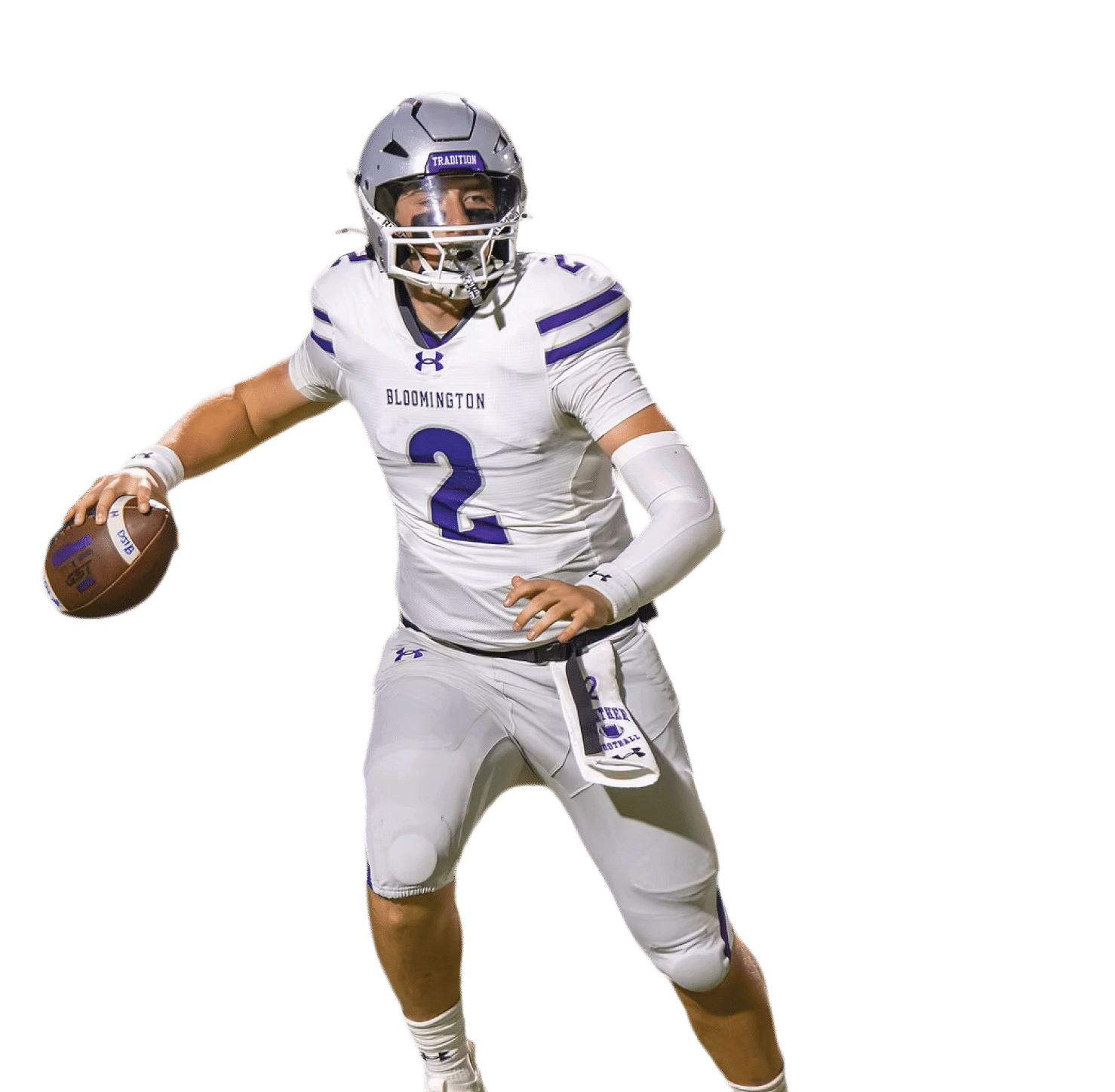 A person wearing a white football uniform with the number 2 is holding a football and appears to be preparing to throw it. Description generated by AI
