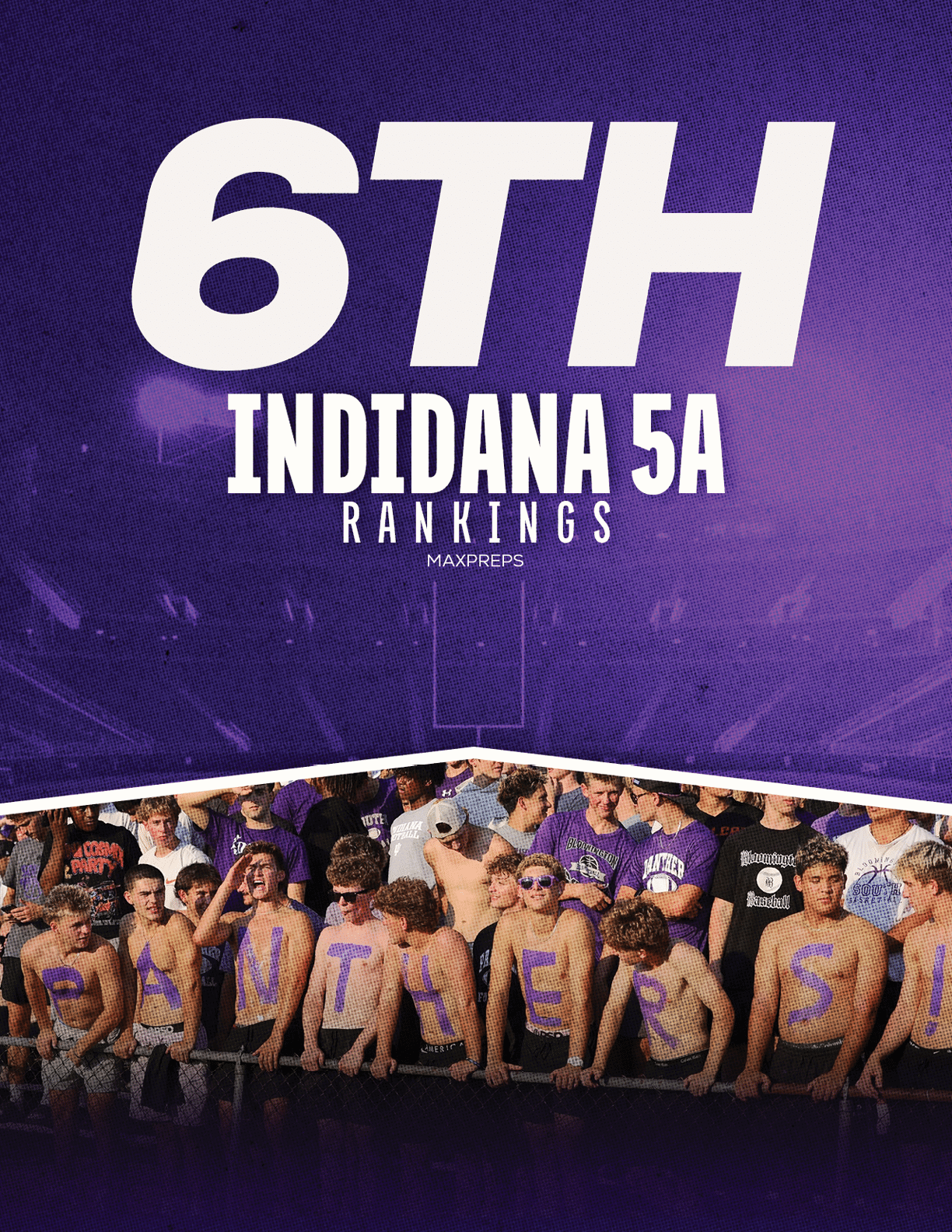 A group of people standing shirtless with letters painted on their chests spelling “POTTERS" in front of a purple background displaying a ranking of sixth in Indiana 5A. Description generated by AI