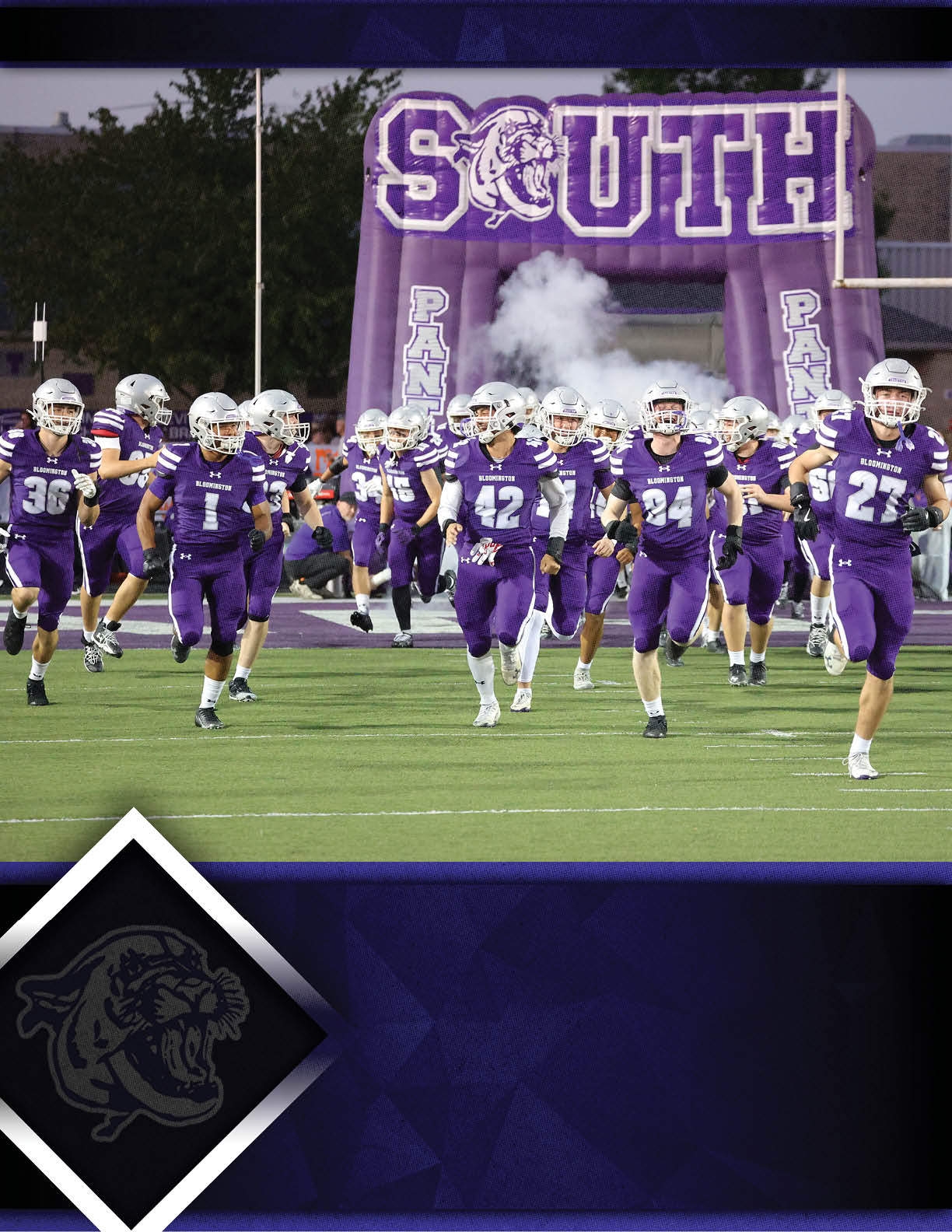A group of football players in purple uniforms and helmets are running onto a field through an inflatable archway with the word “SOUTH" and a panther logo. Description generated by AI