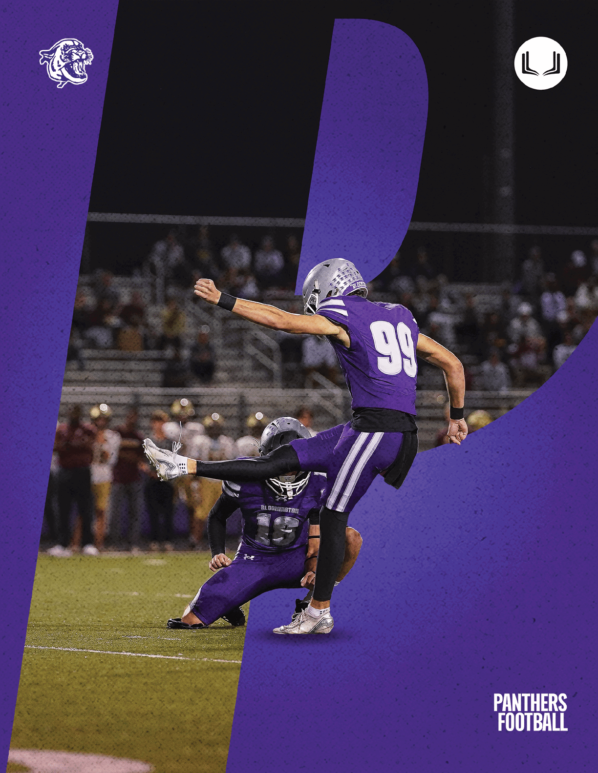 Two football players in purple uniforms are on a field at night with one player holding the ball on the ground while the other is kicking it, with a crowd visible in the background. Description generated by AI