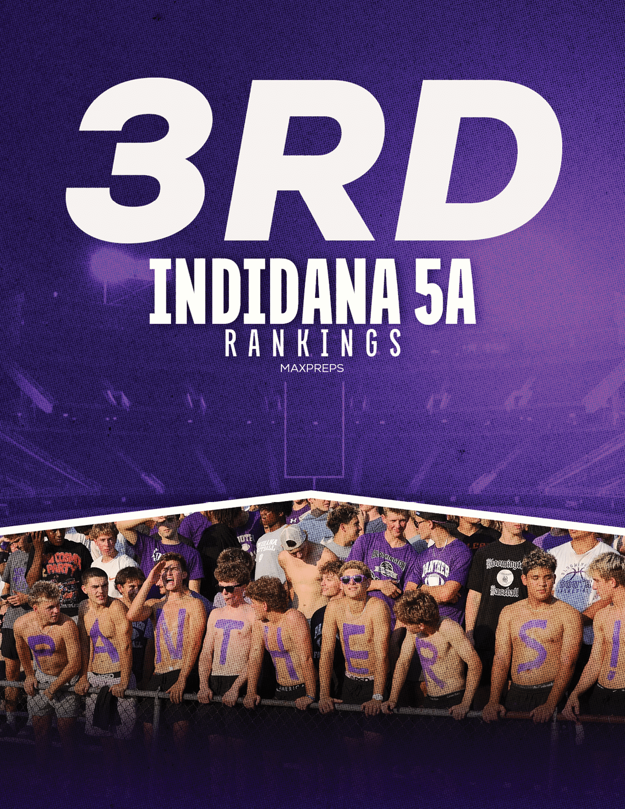A group of people with painted letters on their bare chests stand together beneath large text announcing a third-place ranking in Indiana 5A. Description generated by AI