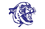 A purple and black tiger with its mouth open. Description generated by AI
