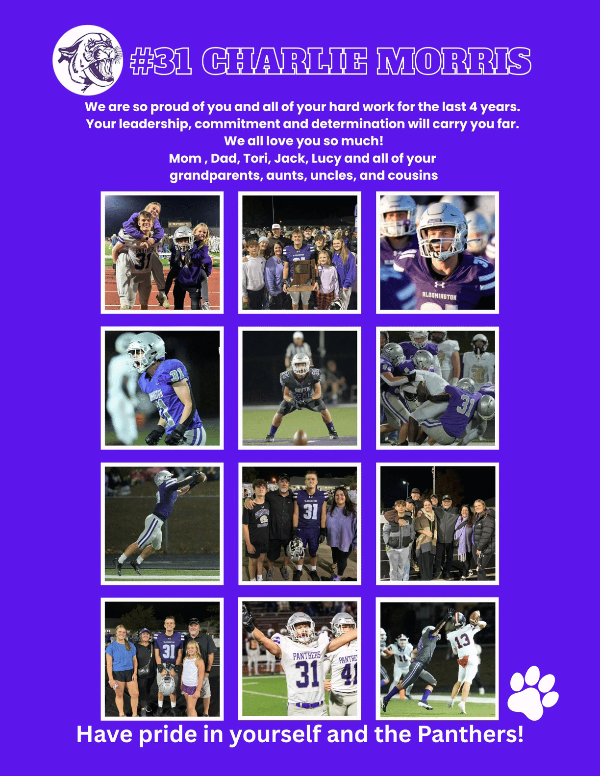 A purple-themed collage celebrating Charlie Morris with multiple photos of people playing football, posing in team uniforms, and standing together with a message of pride and support from family and loved ones. Description generated by AI