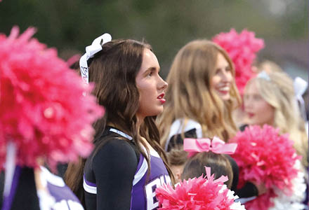 People with long hair wearing white bows and holding pink pom-poms appear to be cheering or performing outdoors. Description generated by AI