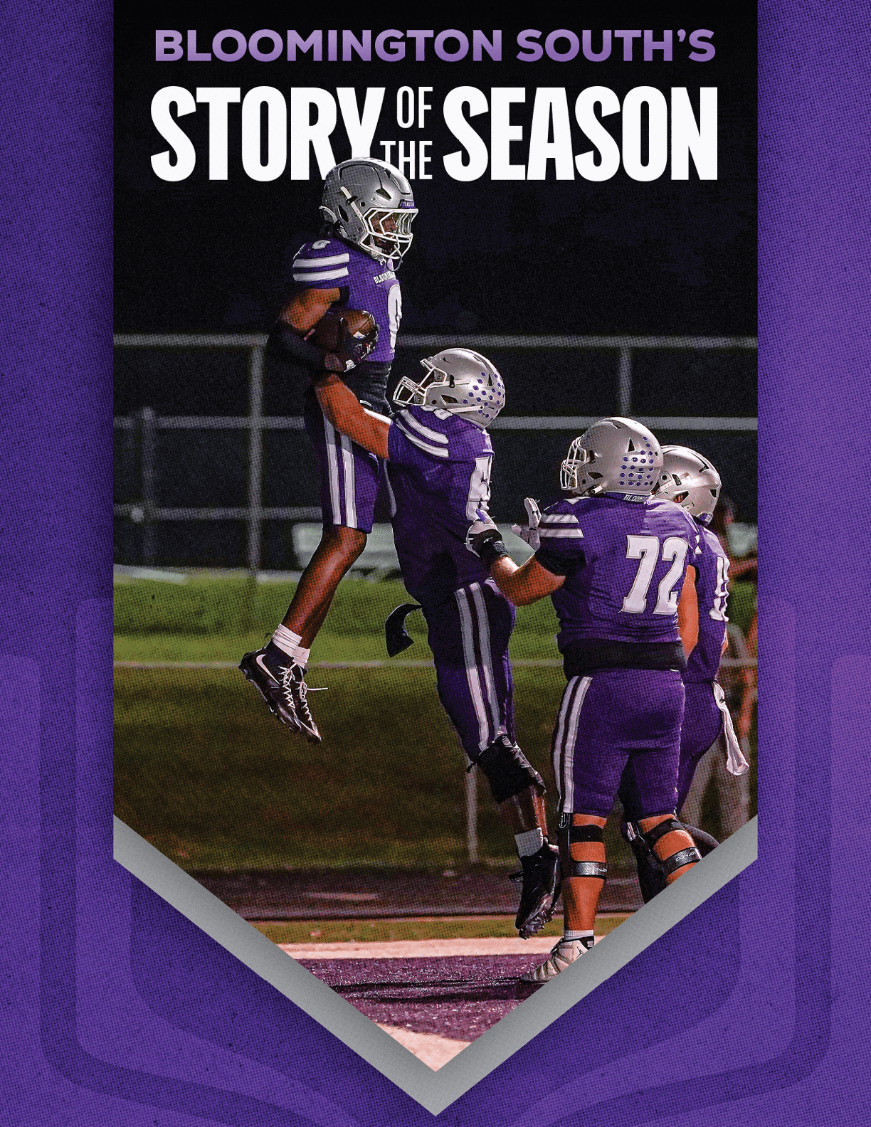 Four football players in purple uniforms celebrate on a field with one player being lifted into the air while the text above reads Bloomington South's Story of the Season. Description generated by AI