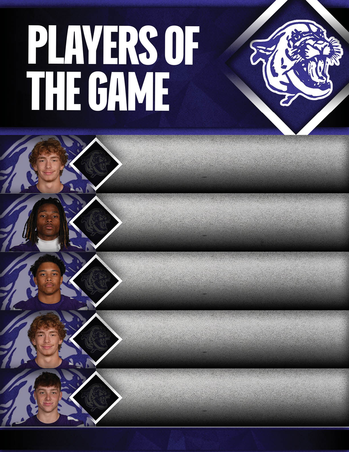 Five people with different hairstyles are shown as players of the game on a sports-themed graphic with a purple background and a fierce animal logo. Description generated by AI