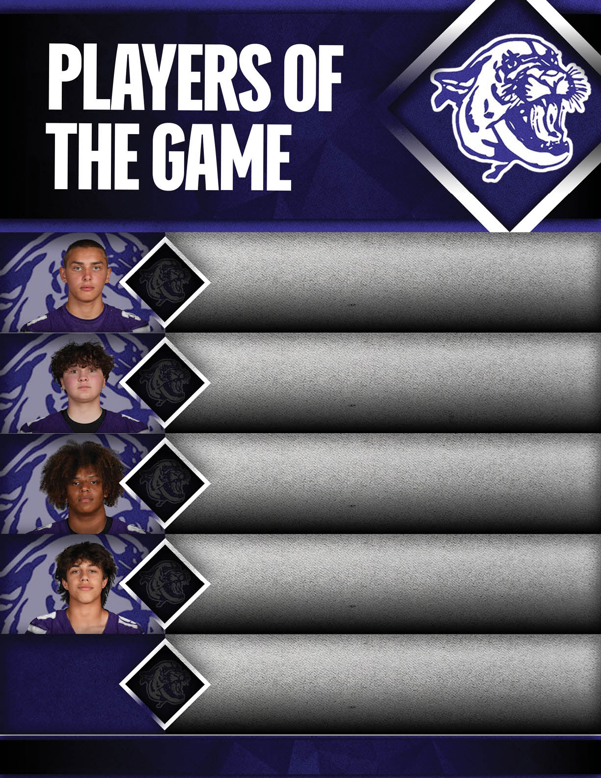 Players of the game graphic features four adults with different hairstyles against a purple background with a roaring wildcat logo. Description generated by AI