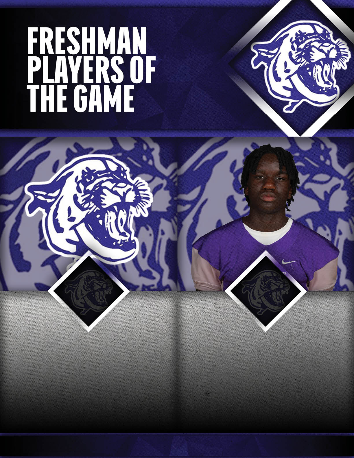 A person wearing a purple sports jersey stands next to a graphic of a roaring tiger with the text “Freshman Players of the Game" above them on a purple background. Description generated by AI