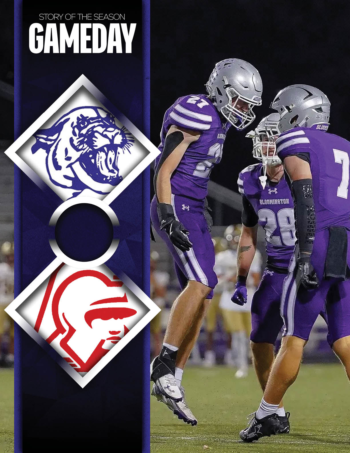 Three football players in purple uniforms and silver helmets are celebrating on a field at night with a graphic overlay showing two team logos and the text “GAMEDAY." Description generated by AI