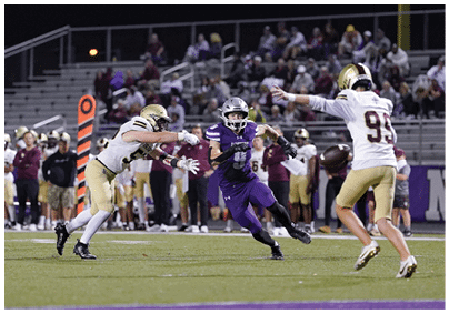 Two people in football uniforms are actively engaged in a play on a field with a crowd in the background. Description generated by AI