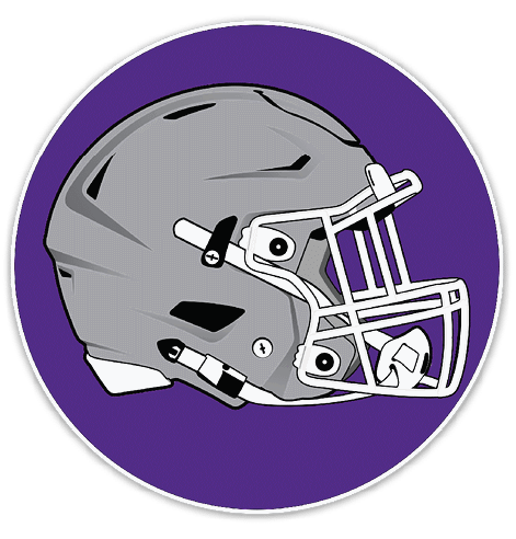 A gray football helmet with a white faceguard is centered on a solid purple circular background. Description generated by AI