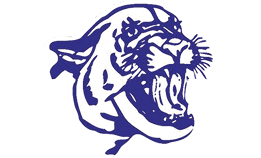 A purple and black tiger with its mouth open. Description generated by AI