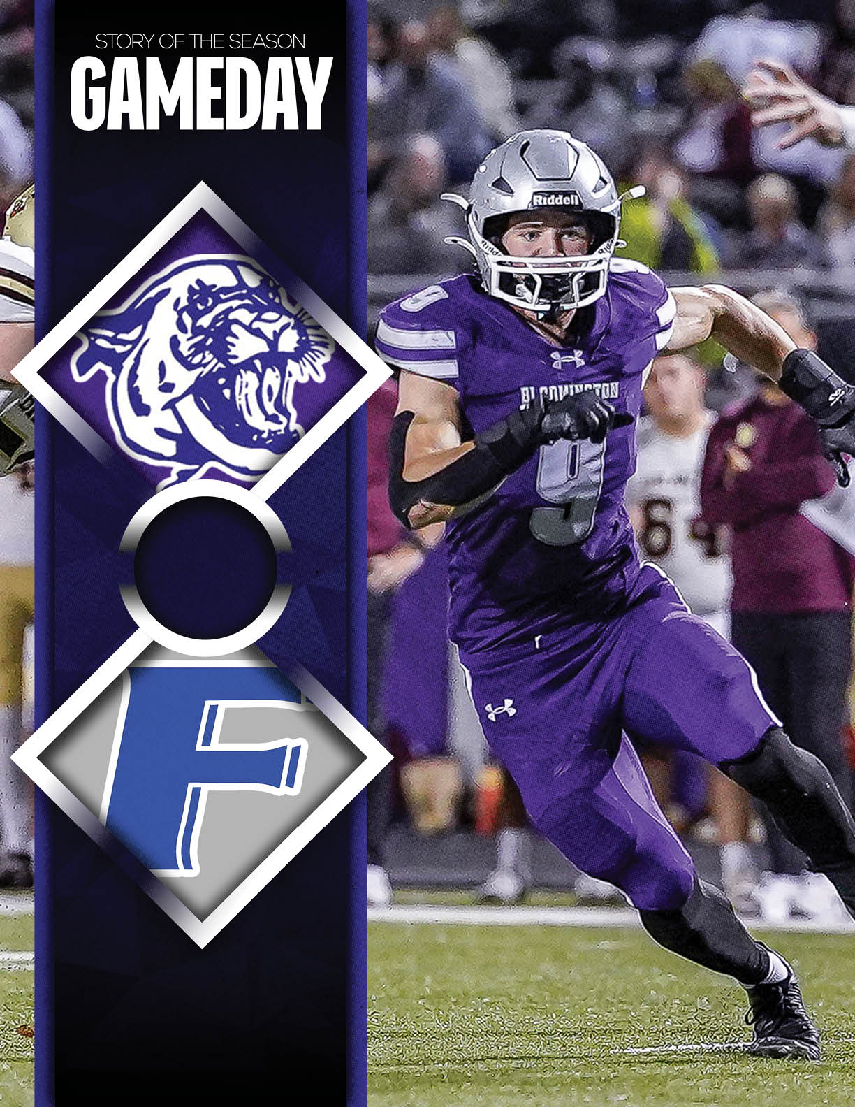 A person in a purple football uniform and helmet is running on a field during a game with a graphic overlay showing a lion logo and the letter F with the text “Story of the Season Gameday." Description generated by AI