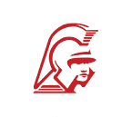 A stylized red graphic of a person wearing a Roman-style helmet with a plume. Description generated by AI