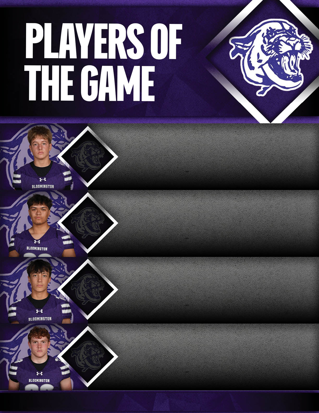 Four people wearing purple sports jerseys are shown as players of the game on a graphic with a purple and black background featuring a fierce panther logo. Description generated by AI