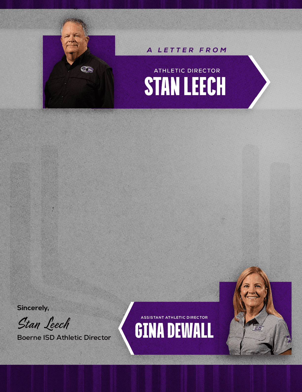 A professional letter layout features two adults in branded shirts with the text “A letter from Athletic Director Stan Leech" at the top and "Assistant Athletic Director Gina Dewall" at the bottom, along with a signature from Stan Leech. Description generated by AI