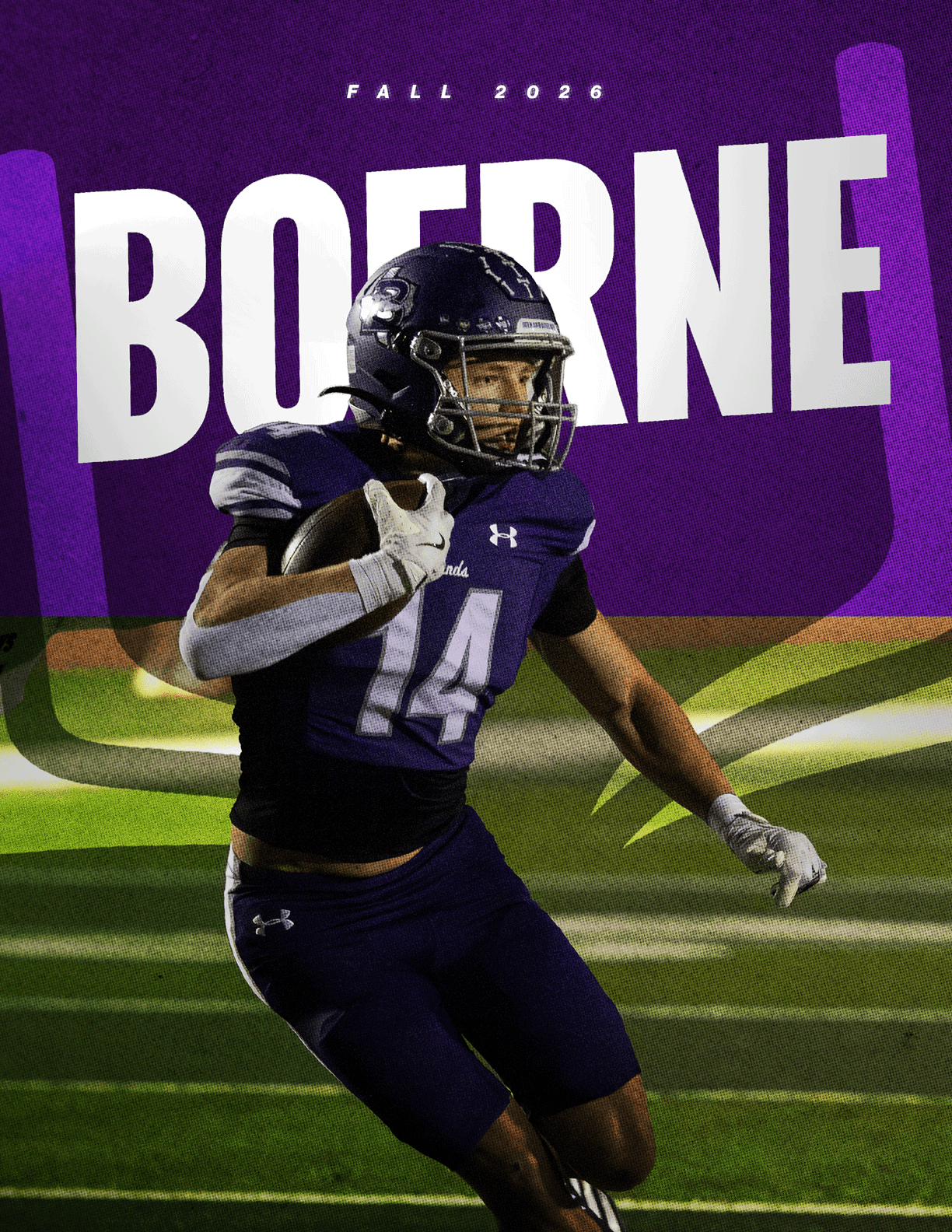 A person wearing a dark football uniform with the number 14 is running on a field holding a football with a purple background that says “Fall 2026 Boerne." Description generated by AI