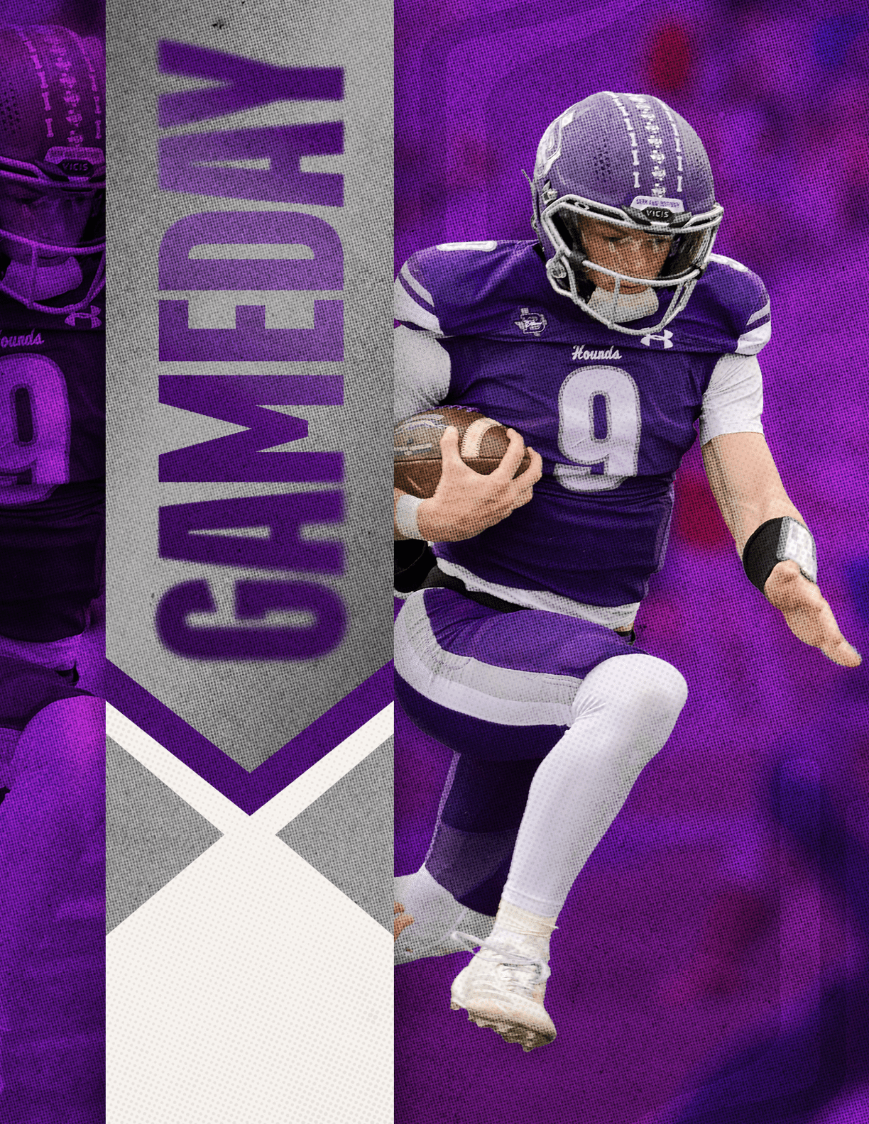 A person wearing a purple and white football uniform with the number nine is running with a football against a purple background with the word “GAMEDAY" in large vertical letters. Description generated by AI