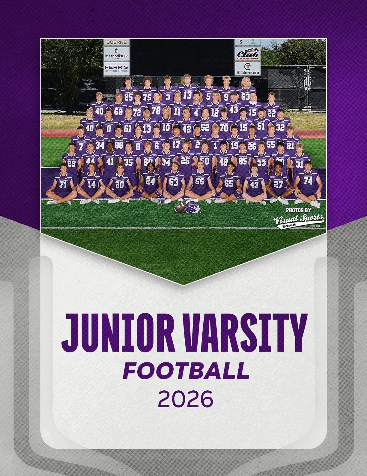 A large group of people wearing purple football uniforms pose for a team photo on a football field with the text Junior Varsity Football 2026 below. Description generated by AI