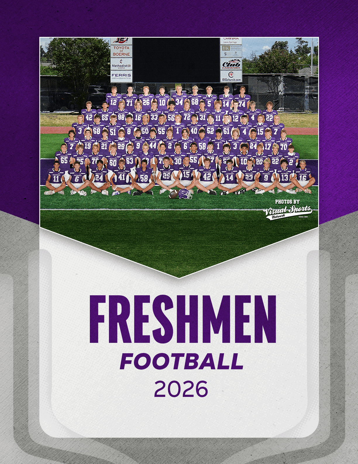 A large group of people wearing purple football uniforms is posed on a football field with a scoreboard in the background and the text Freshmen Football 2026 below the photo. Description generated by AI