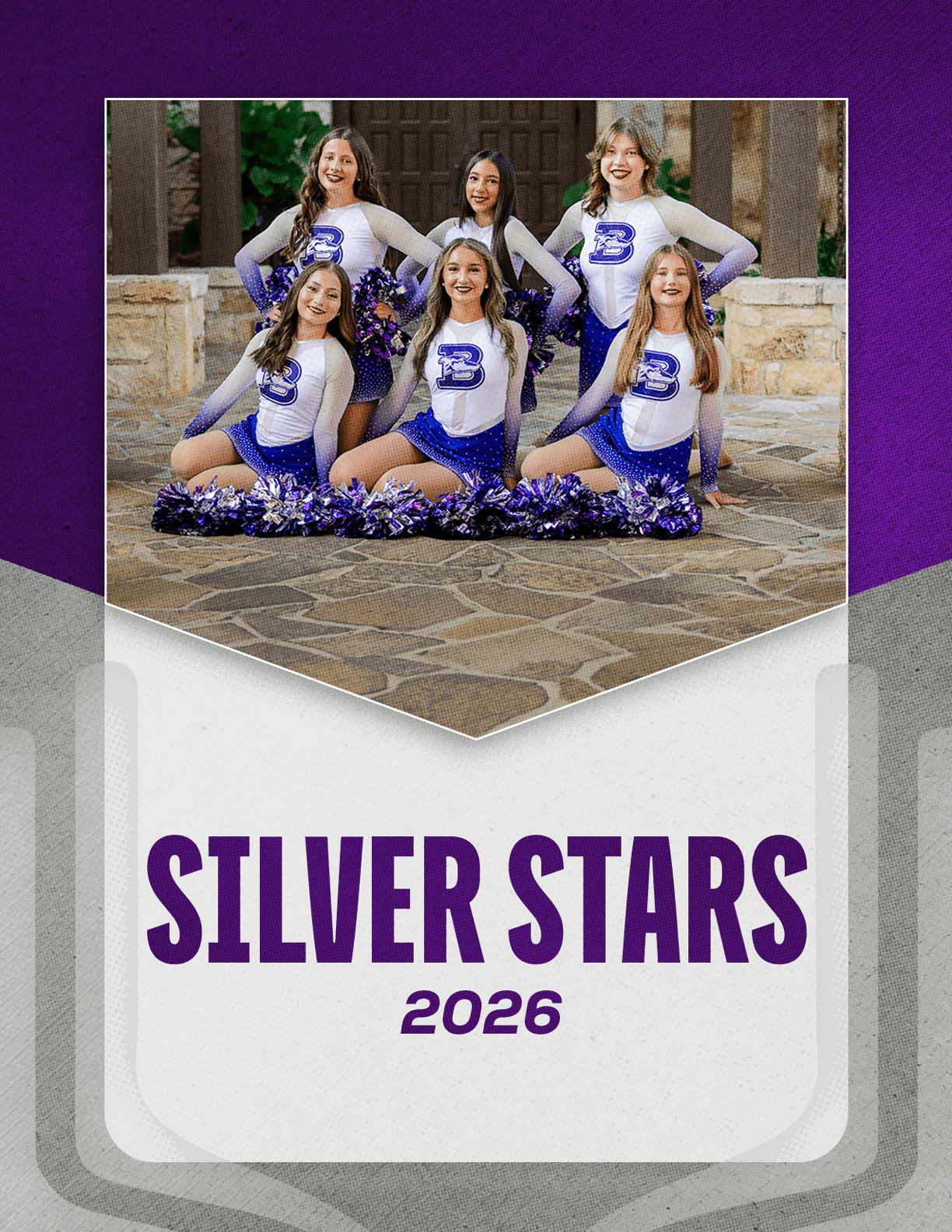 Six people in matching cheerleading uniforms with purple and white colors pose with pom-poms on a stone patio above text that reads Silver Stars 2026. Description generated by AI