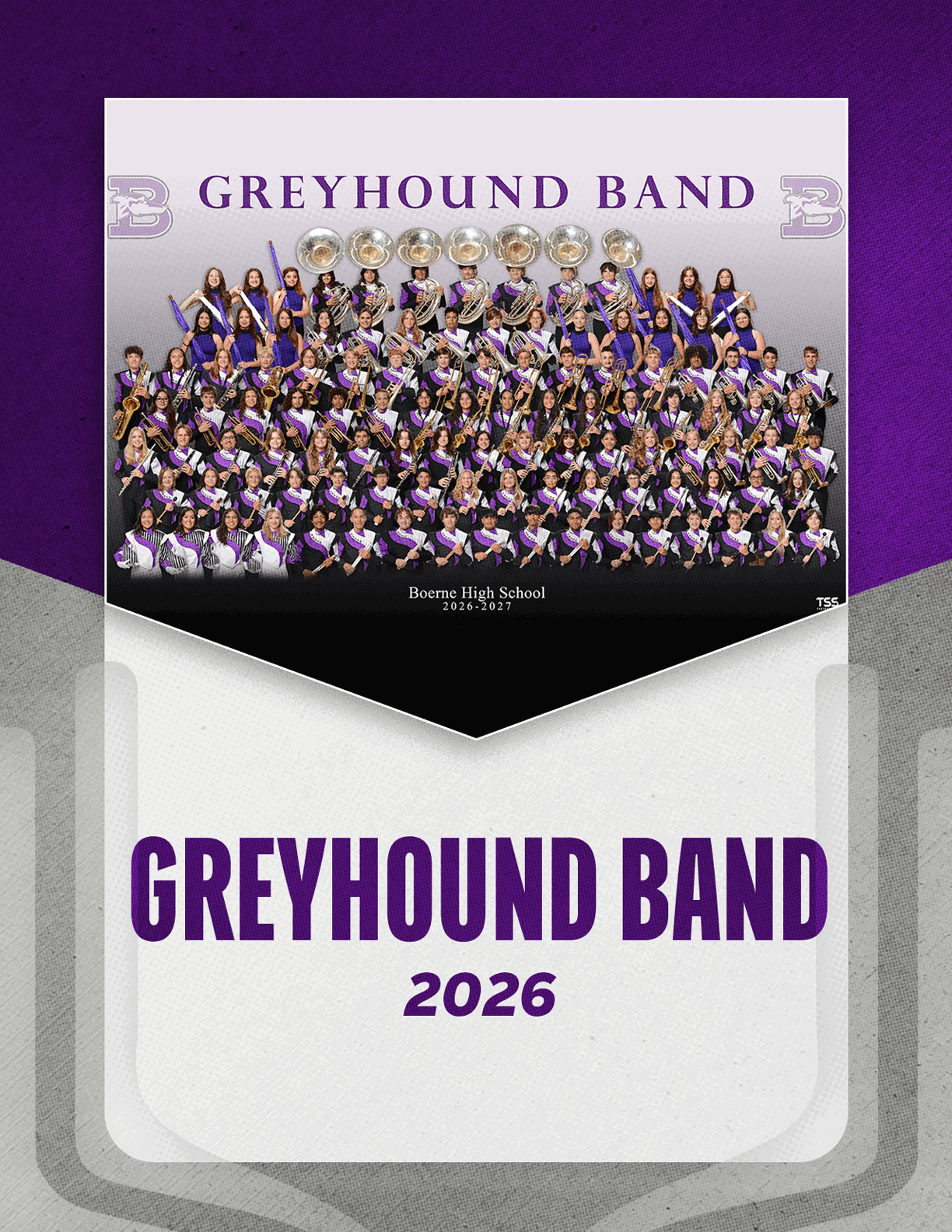 A large group of people dressed in purple and black band uniforms pose together in a formal group photo labeled Greyhound Band 2026 from Boone High School. Description generated by AI