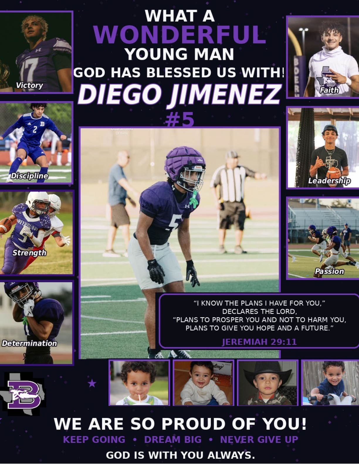 A person wearing a purple football helmet and jersey with the number 5 is standing on a football field in a ready position with two blurred people in the background, accompanied by the text “DIEGO JIMENEZ #5" and a Bible verse from Jeremiah 29:11. Description generated by AI