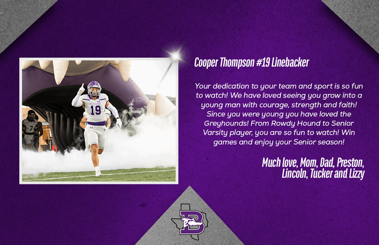 An adult athlete wearing a football uniform with the number 19 is running out of a tunnel onto a field with smoke around, accompanied by a message celebrating Cooper Thompson as a linebacker and wishing success for the senior season from family members. Description generated by AI