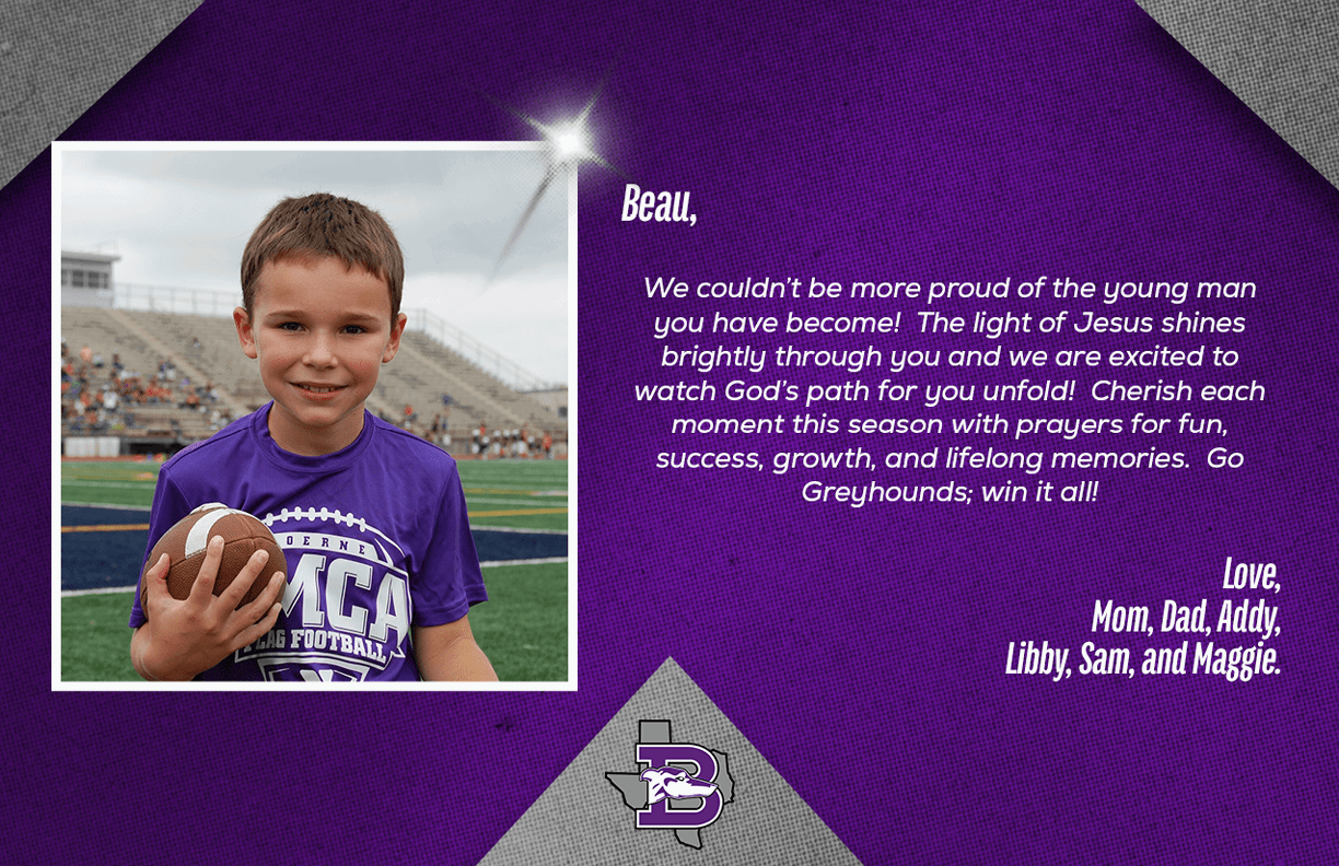 A child wearing a purple sports shirt is smiling and holding a football on a field with bleachers in the background, accompanied by a heartfelt message of pride and encouragement on a purple and gray textured background. Description generated by AI