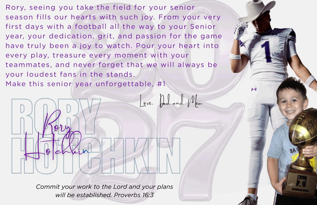 A person in a football uniform stands next to a smiling child holding a trophy with a heartfelt message about dedication and passion for football and a Bible verse about commitment. Description generated by AI