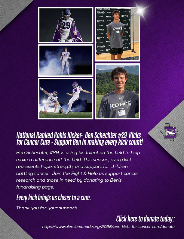 An adult wearing a Kohl's shirt smiles outdoors with a football player kicking a ball and another player nearby on a field at night, accompanied by text supporting a Kohl's kicker named Ben Schechter. Description generated by AI