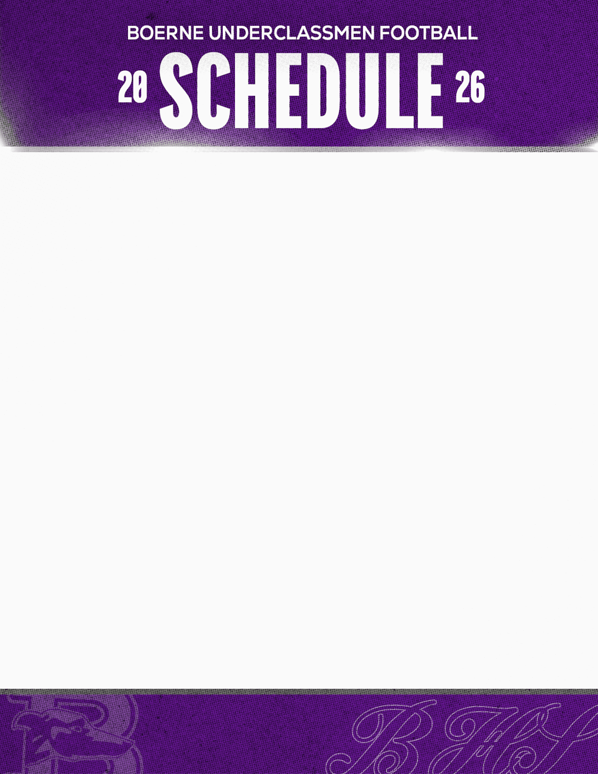 Boerne Underclassmen Football 2026 schedule header with a purple background and white bold text. Description generated by AI