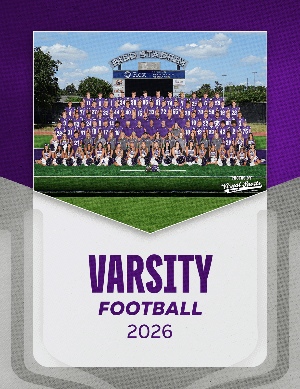 A large group of people wearing purple sports uniforms and cheerleading outfits pose together on a football field in front of a scoreboard with the text Varsity Football 2026 below. Description generated by AI
