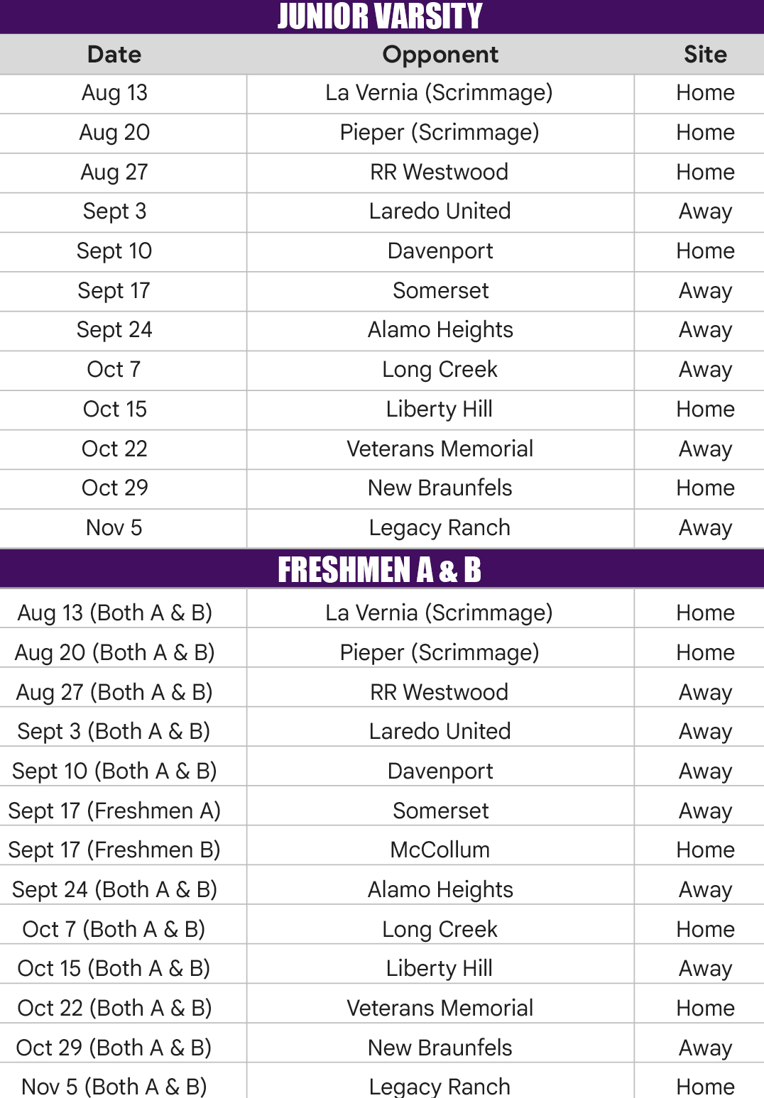 A schedule listing dates and opponents for a sports team’s scrimmage and regular games, including separate sections for freshmen A and B teams. Description generated by AI
