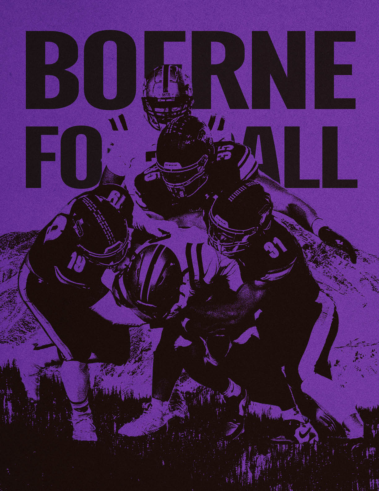 Several people wearing football helmets and uniforms are engaged in a close physical play on a purple background with large black text partially visible behind them. Description generated by AI