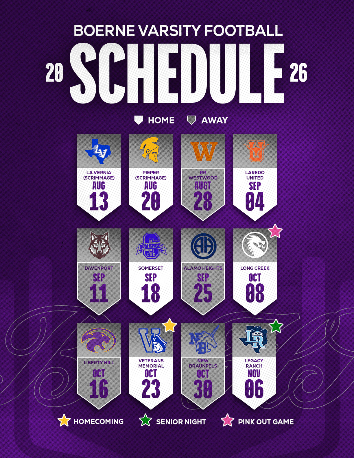 Boerne Varsity Football 2026 schedule displayed with team logos, game dates, and special event icons for homecoming, senior night, and pink out game on a purple textured background. Description generated by AI