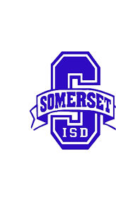 A bold blue letter S with the word Somerset across the middle and ISD below it in white letters. Description generated by AI