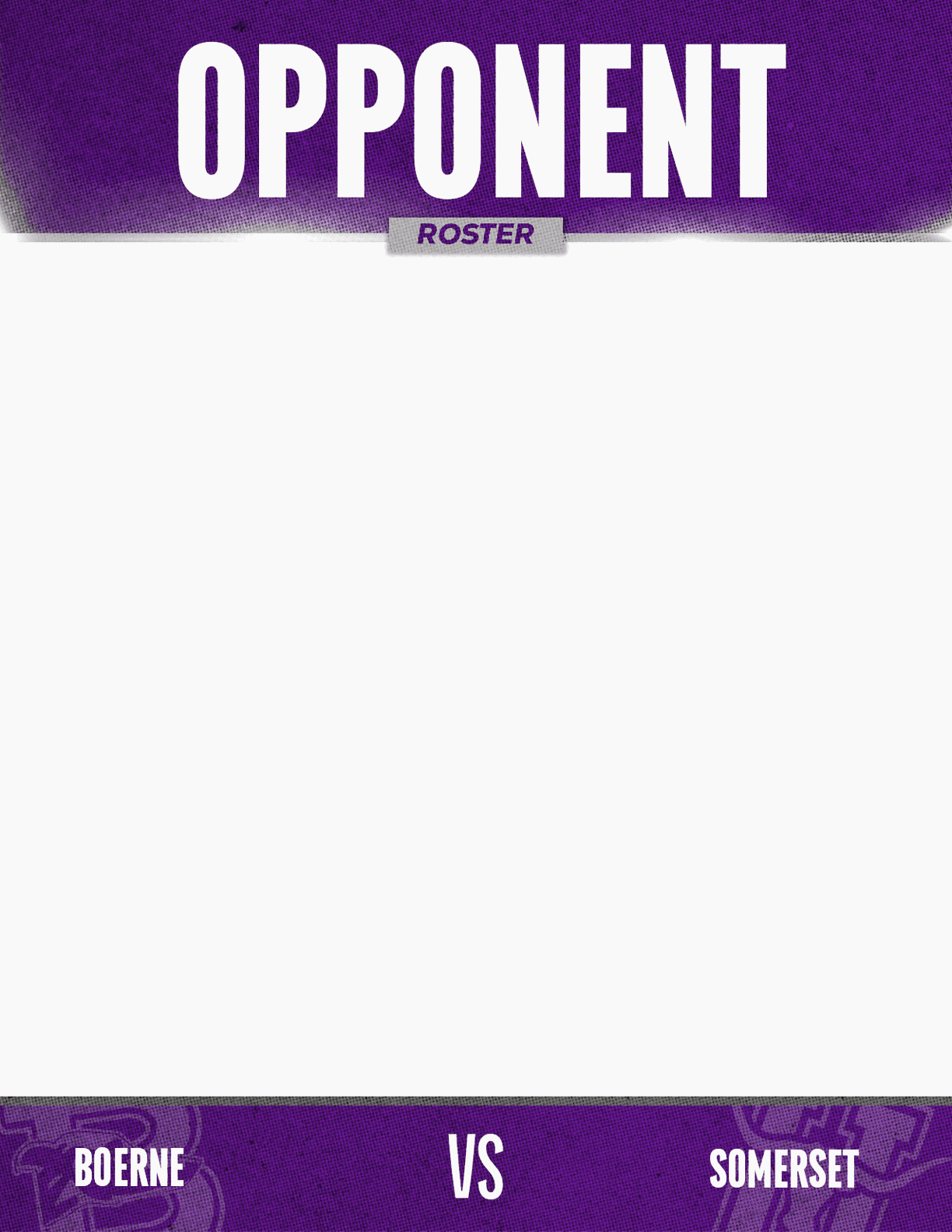 The graphic displays a sports matchup announcement with the word “OPPONENT" at the top and the teams "Boerne" and "Laredo United" facing off at the bottom against a purple background. Description generated by AI