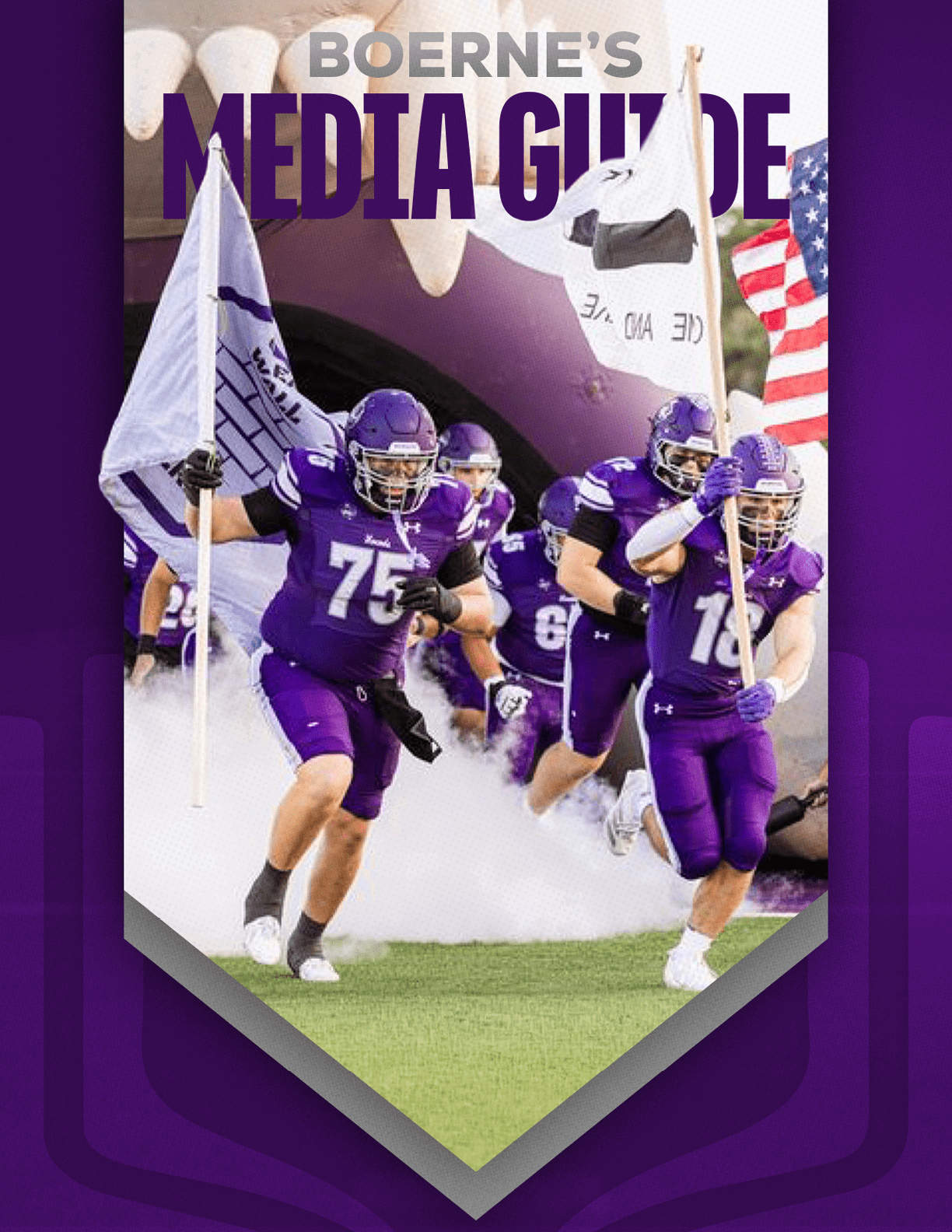 People in purple football uniforms run onto a field carrying flags with smoke behind them under the text “Boerne's Media Guide." Description generated by AI