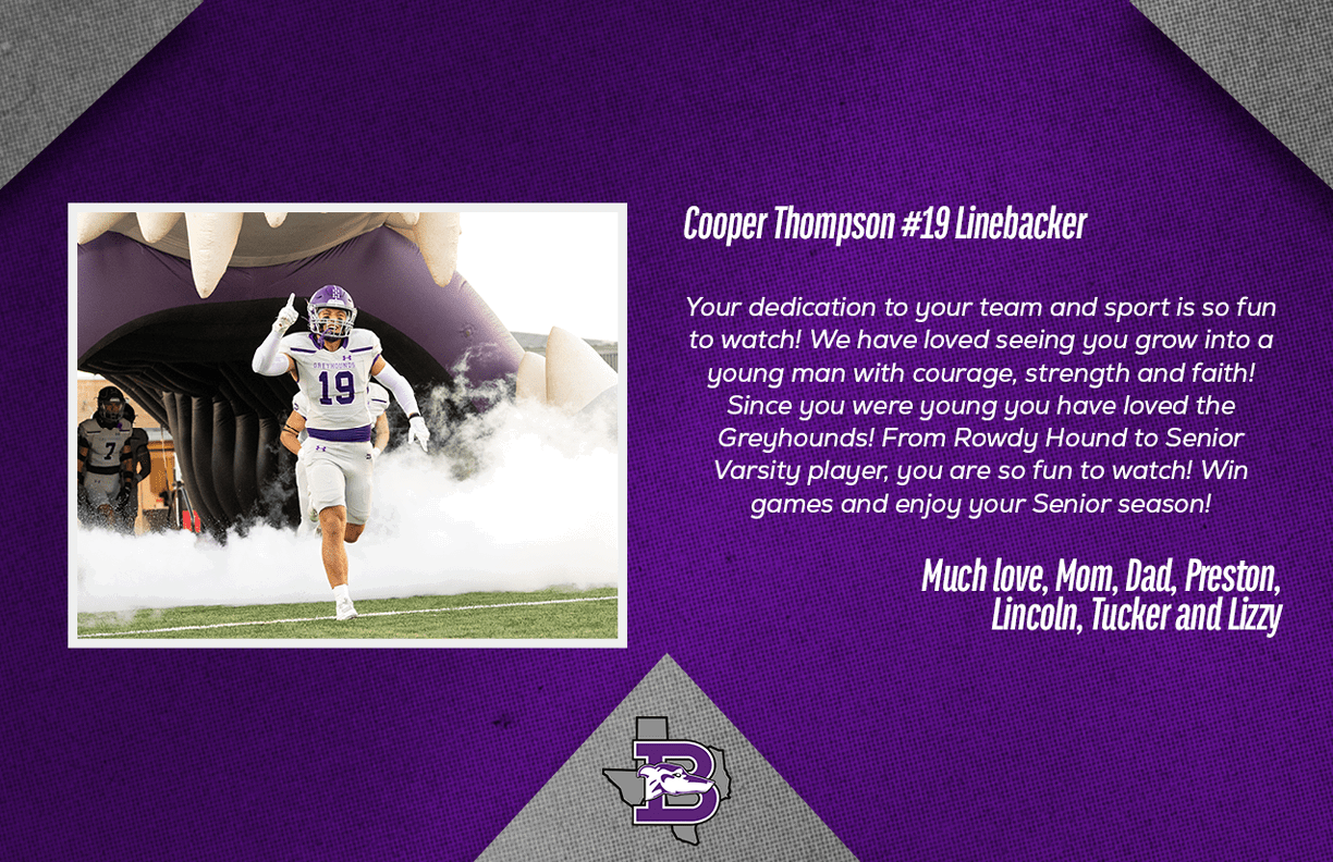 An adult athlete wearing a football uniform with the number 19 is running out of a tunnel onto a field with smoke around, accompanied by a message celebrating Cooper Thompson as a linebacker and wishing success for the senior season from family members. Description generated by AI
