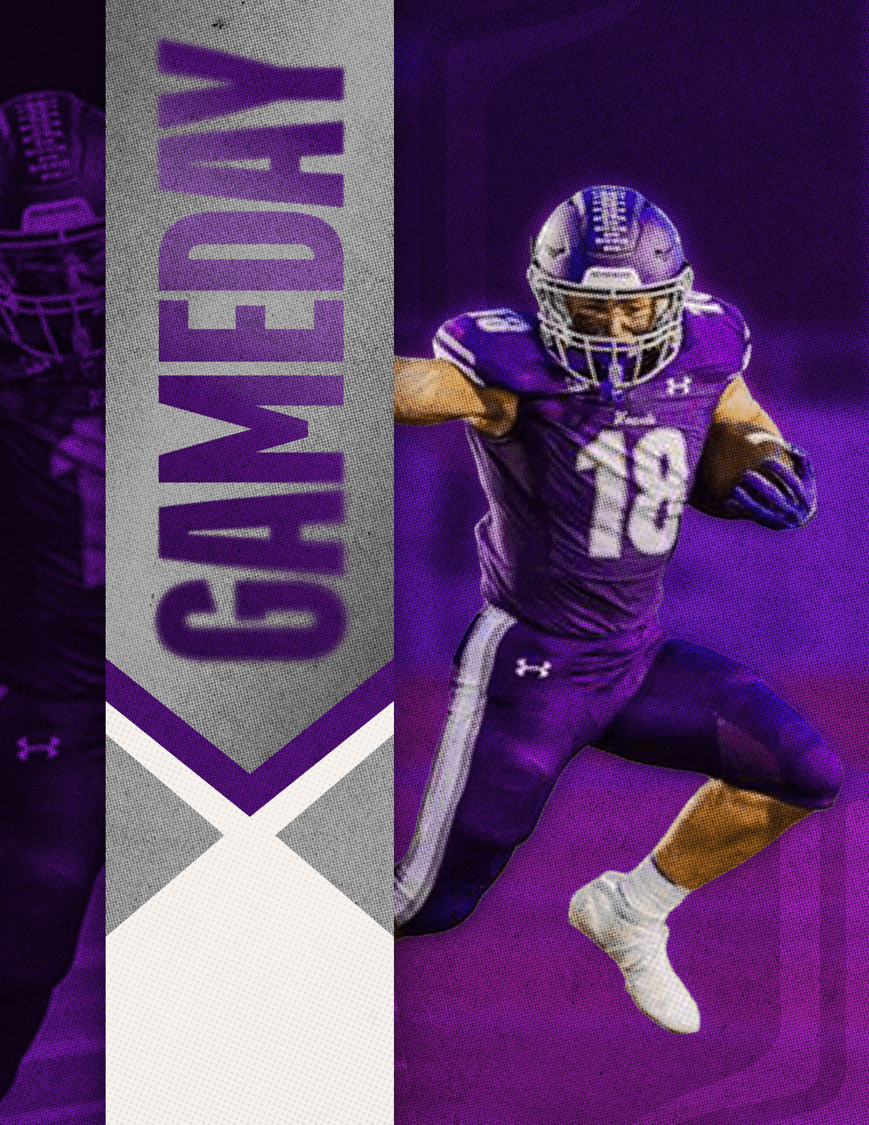 A person in a purple football uniform with the number 18 is running with a football against a purple background with the word GAMEDAY displayed vertically on the left side. Description generated by AI