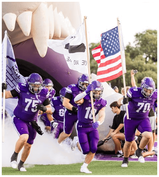 People in purple football uniforms run out of a tunnel onto a field with one person holding a flag. Description generated by AI