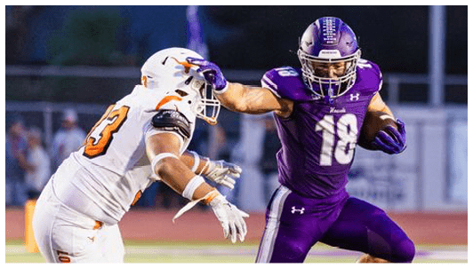 Two people in football uniforms are engaged in a play on a field, with one person in a purple uniform holding the ball and extending an arm toward the other person in a white uniform. Description generated by AI