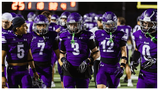 Three people wearing purple football uniforms and helmets stand side by side on a field at night. Description generated by AI