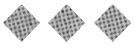 Three purple diamond shapes with a black grid pattern are evenly spaced on a white background. Description generated by AI