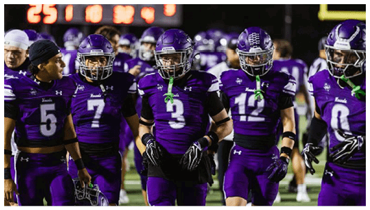 Three people wearing purple football uniforms and helmets stand side by side on a field at night. Description generated by AI