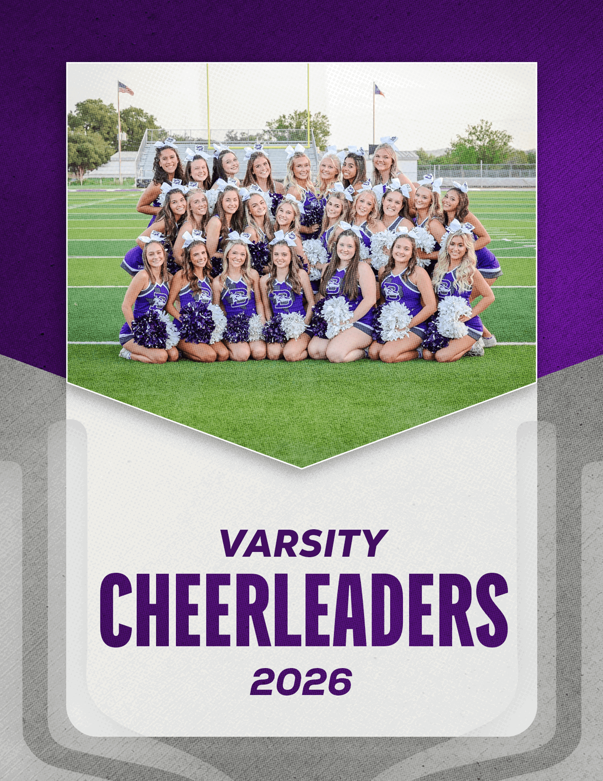 A group of people dressed in matching white and purple dance uniforms pose outdoors in two rows with pom-poms in front and the text “STARLETTES 2026" below them. Description generated by AI