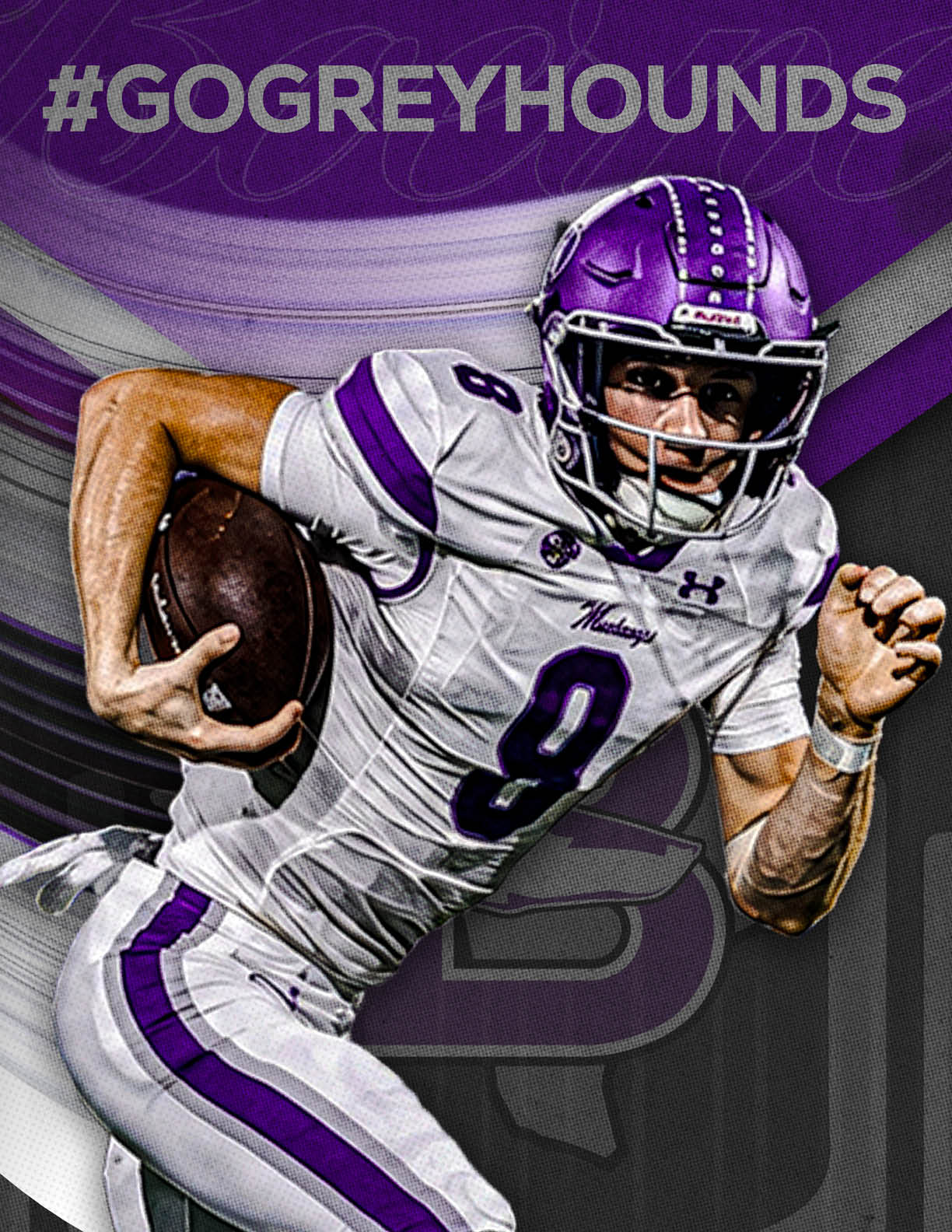 A person wearing a dark football uniform with the number 14 is running on a field holding a football with the word “BOERNE" and "FALL 2026" in large text behind them. Description generated by AI